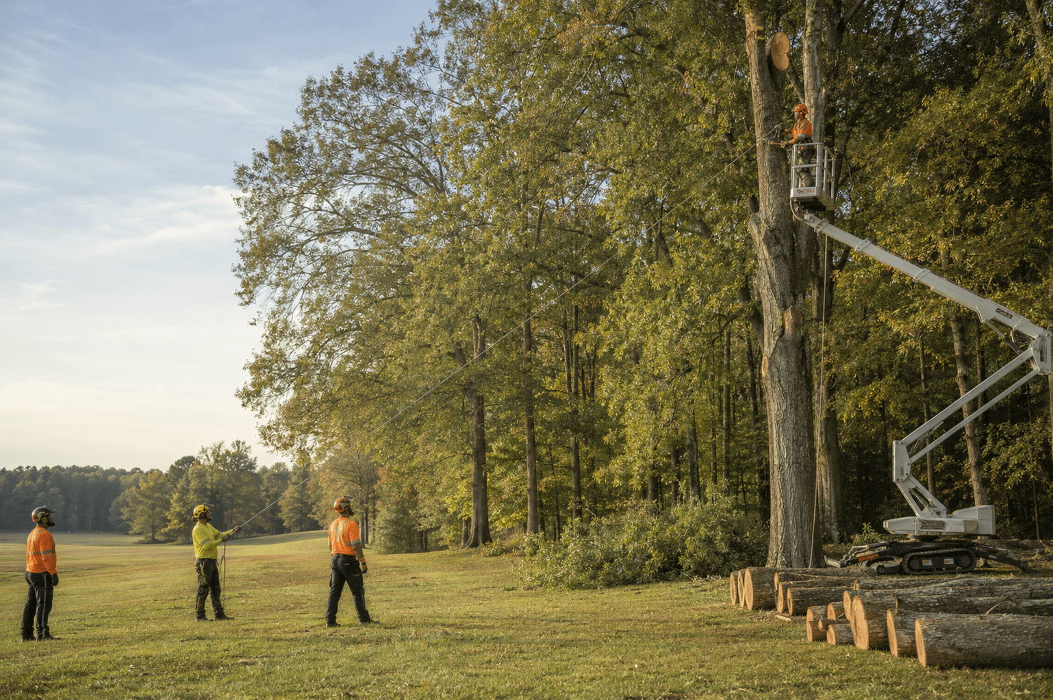 Tree removal crew using a lift to cut down a tree while two workers supervise and manage safety lines in a forested area.