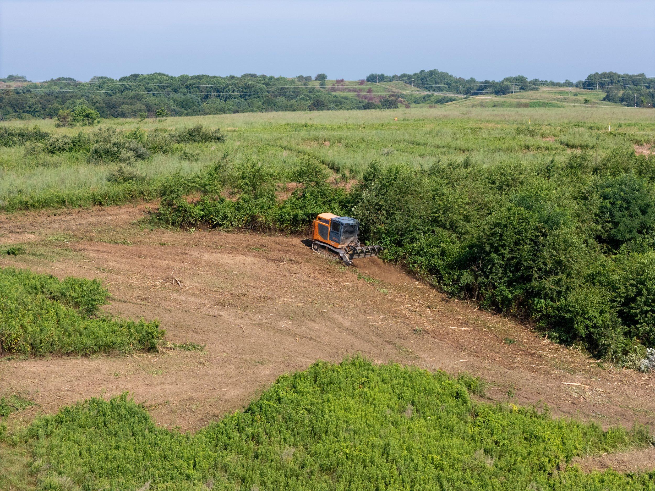 A specialized machine clears vegetation in a wide, open area, preparing the land for future development or agricultural use.
